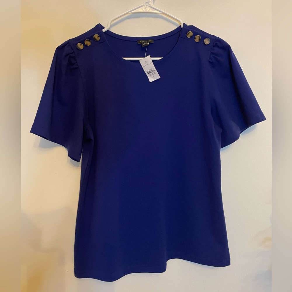 NWT Ann Taylor Flutter Sleeve Shoulder Button Top in Royal Blue